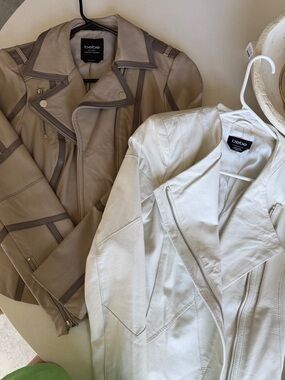 bebe Cream and Taupe Leather Moto Jackets & White leather Duo